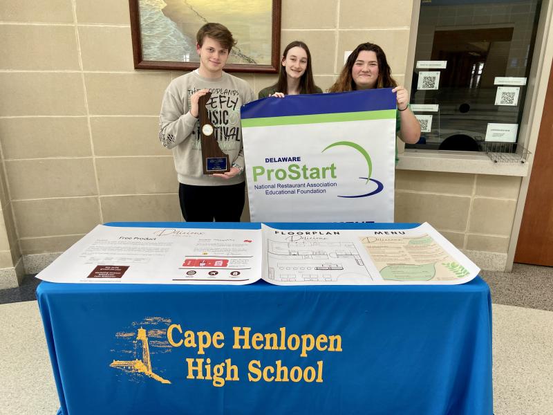 Students (l-r) Wiley Owens, Hazel Getzlaff and Jacqueline Nelms created an international airport-based restaurant concept and will represent Delaware at the National ProStart Student Invitational May 2-4 in Washington, D.C. ELLEN DRISCOLL PHOTO